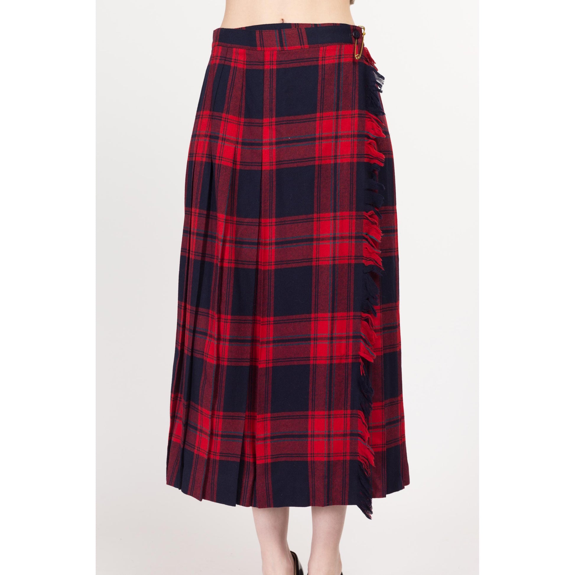 Medium 80s Red & Blue Plaid Wool Midi Kilt Skirt 28.5" | Vintage Tartan High Waisted Pleated Fringe Wrap Skirt