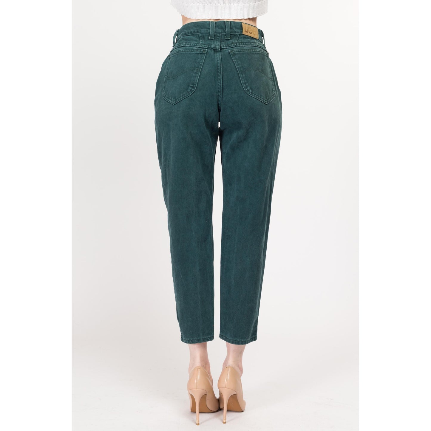 Small 90s Lee Emerald Green High Waisted Curvy Fit Jeans 26.5" | Vintage Soft Denim Tapered Leg Mom Jeans