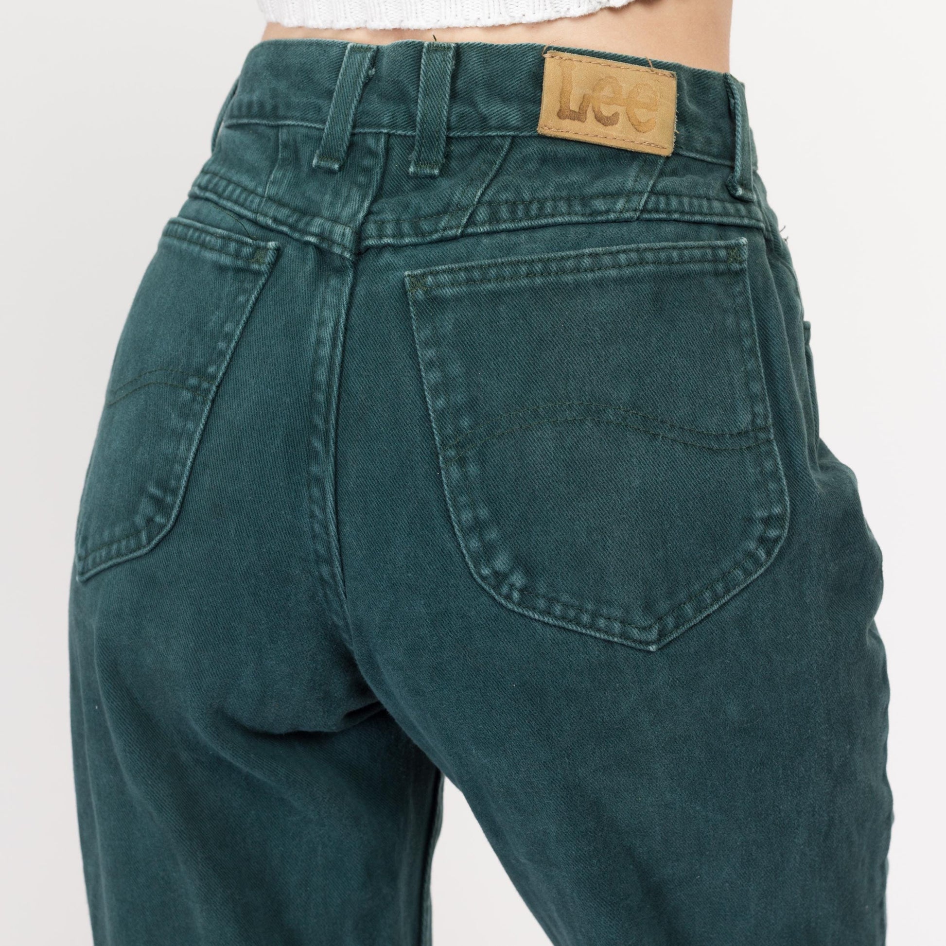 Small 90s Lee Emerald Green High Waisted Curvy Fit Jeans 26.5" | Vintage Soft Denim Tapered Leg Mom Jeans