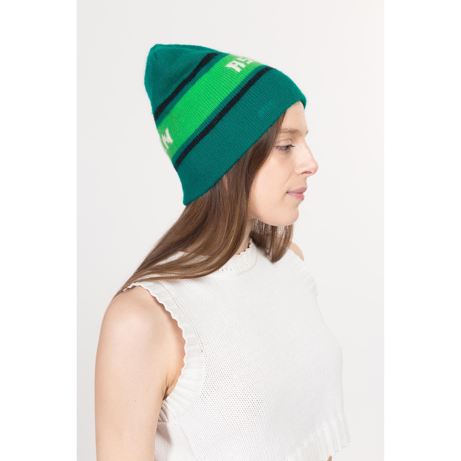 Small 70s 80s Aspen Green Striped Wool Knit Beanie | Retro Winter Skull Cap Ski Hat