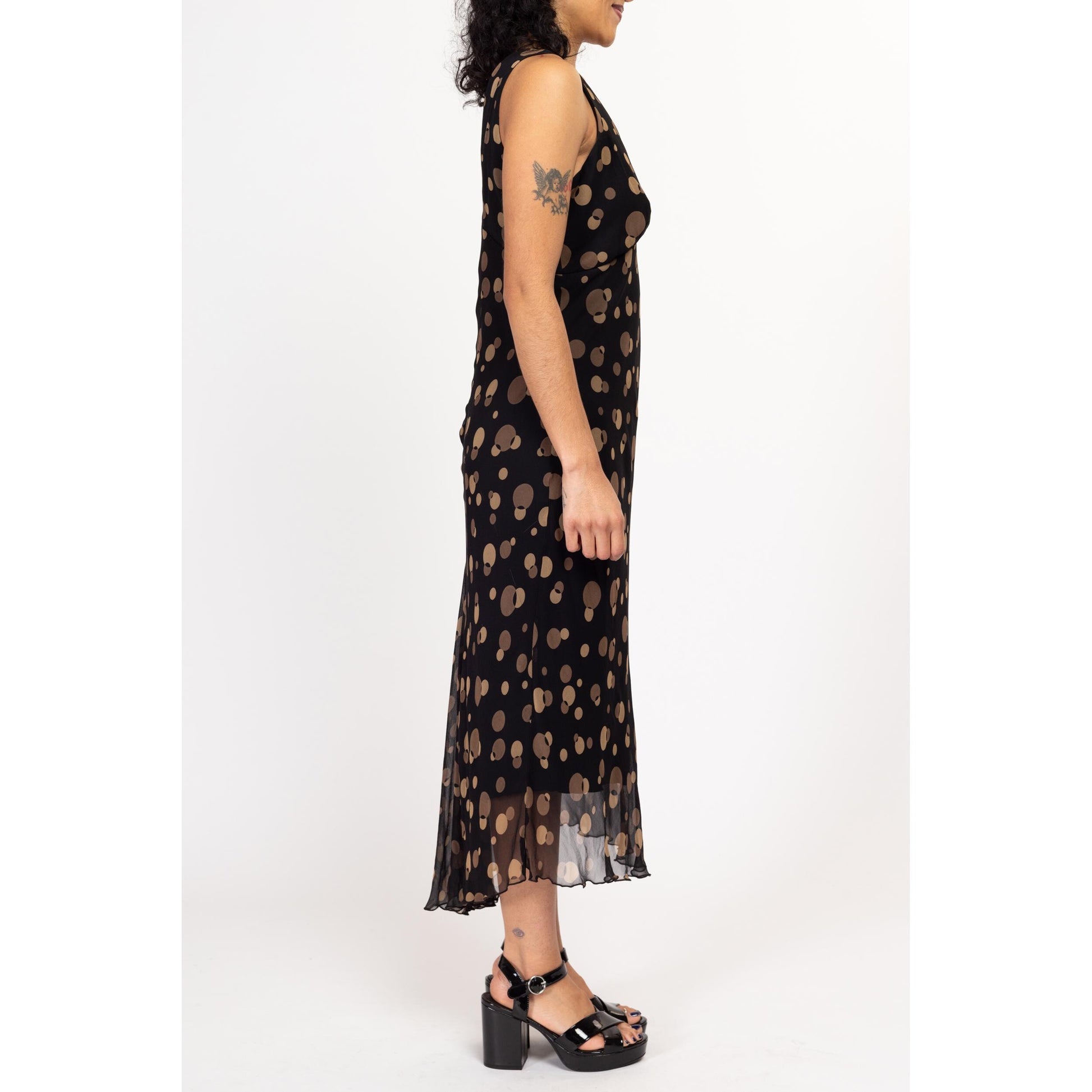 Medium 90s Y2K Black & Brown Silk Bubble Print Bias Cut Maxi Dress | Vintage Sleeveless V Neck Cocktail Party Dress