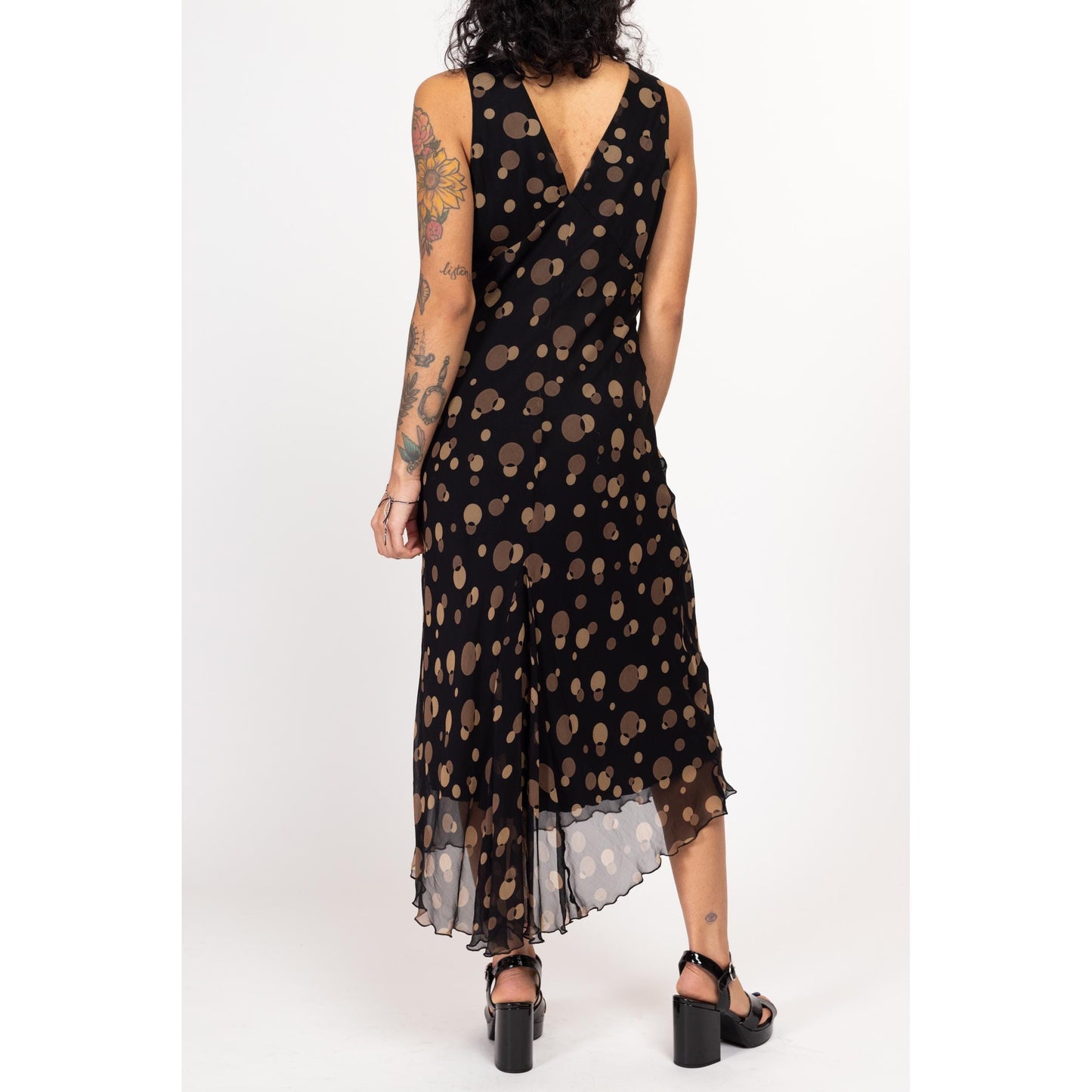 Medium 90s Y2K Black & Brown Silk Bubble Print Bias Cut Maxi Dress | Vintage Sleeveless V Neck Cocktail Party Dress