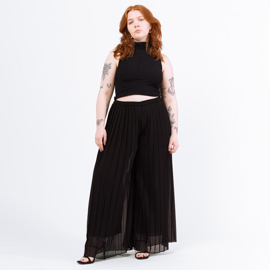 Vintage 90s Black Chiffon Pleated Sheer Illusion Pants - Large to XL | High Waisted Wide Leg Palazzo Trousers