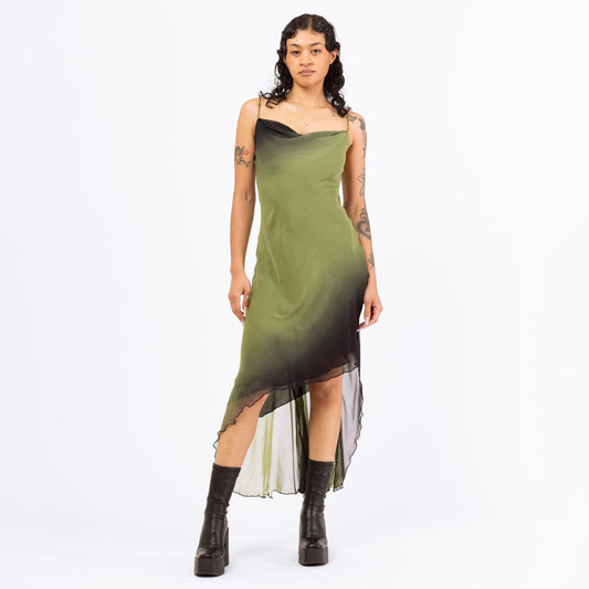 Vintage 90s Cache Green & Black Gradient Cowl Neck Party Dress - Extra Small | Beaded Spaghetti Strap High Low Flowy Formal Midi Gown