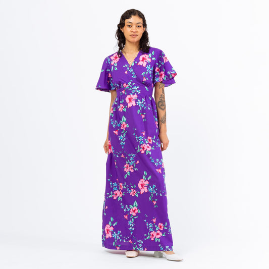 Vintage 70s Hawaiian Purple Hibiscus Floral Maxi Dress - Large | Boho Flutter Sleeve Tropical Sundress, Long Summer Dress