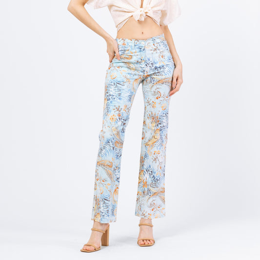 Vintage Y2K Boho Blue Paisley Floral Mid Rise Pants - Extra Small | 2000s Pastel Bootcut Trousers