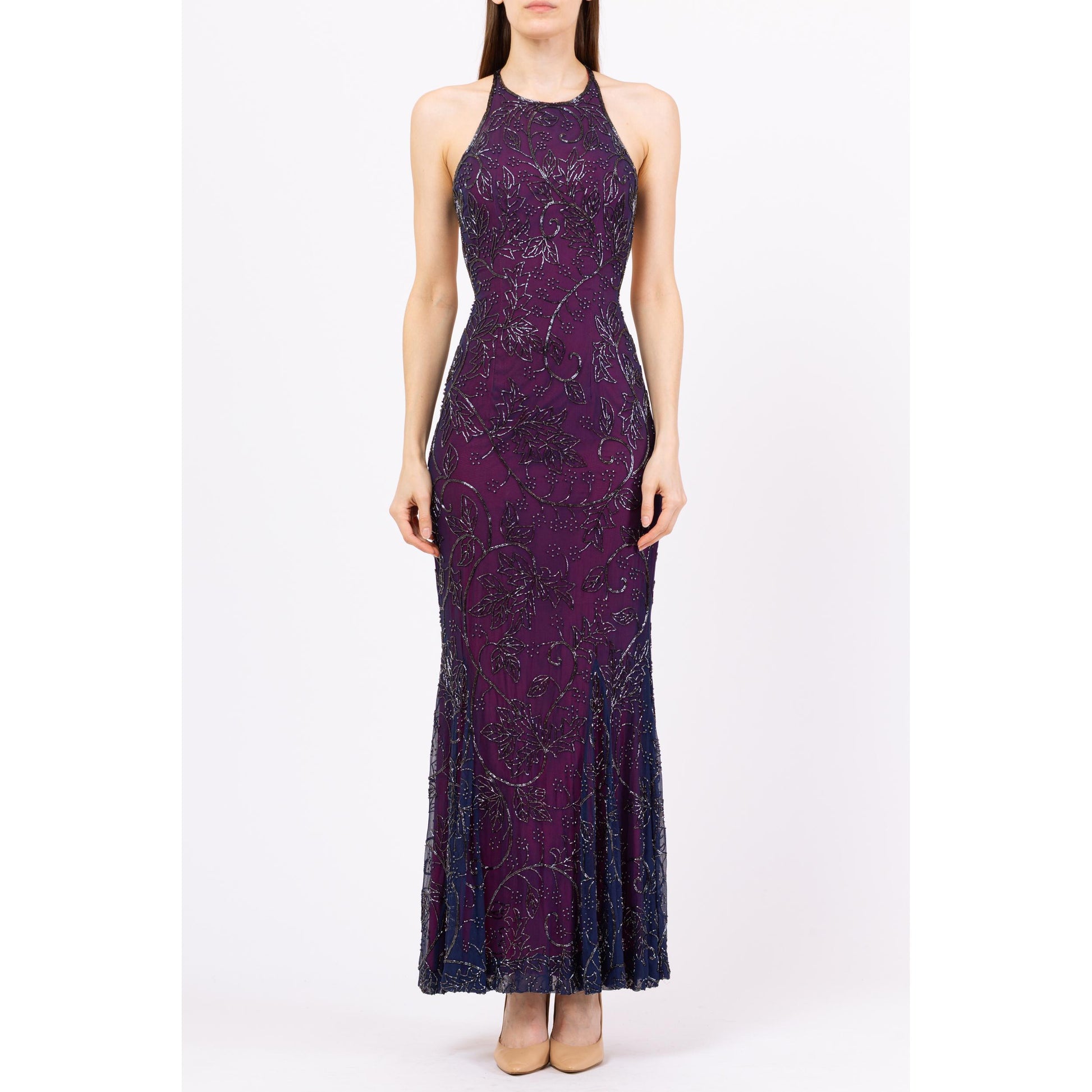 Vintage 90s Cache Purple Silk Beaded Backless Evening Gown - Extra Small | Sexy Keyhole Back Slinky Formal Maxi Prom Party Dress