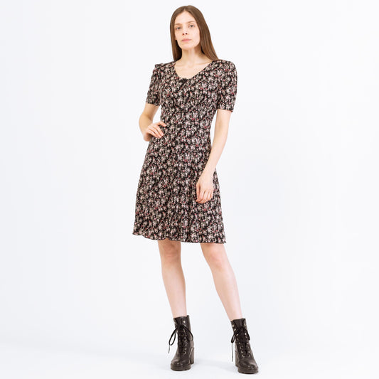 Vintage 90s Black Floral Button Front Grunge Dress - Small | Short Sleeve Boho Mini Sundress