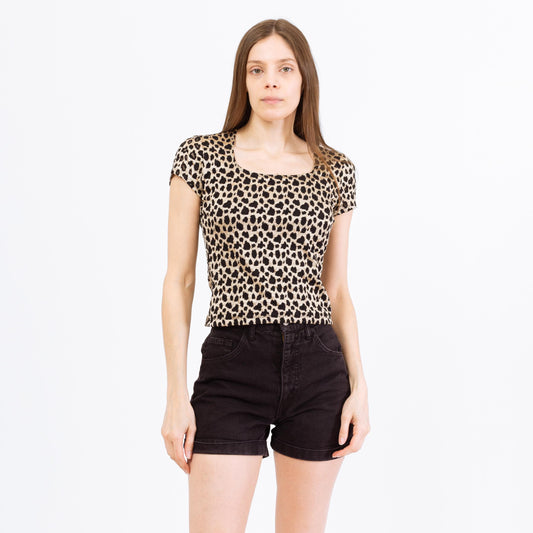 Vintage 90s Cheetah Print Stretchy Fitted Top - Small to Medium | Square Neck Short Sleeve Cropped Shirt