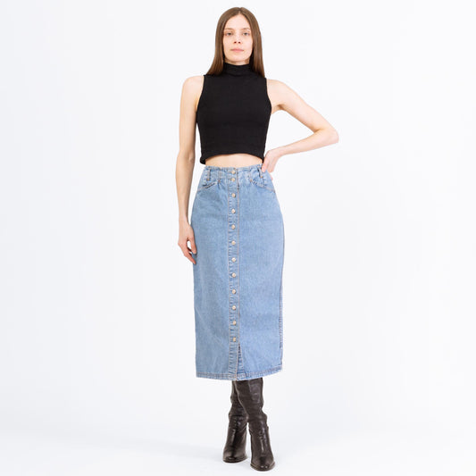 Vintage 90s Denim High Waisted Midi Skirt - Small, 25"-27" | Button Front Light Wash Blue Jean Straight Skirt