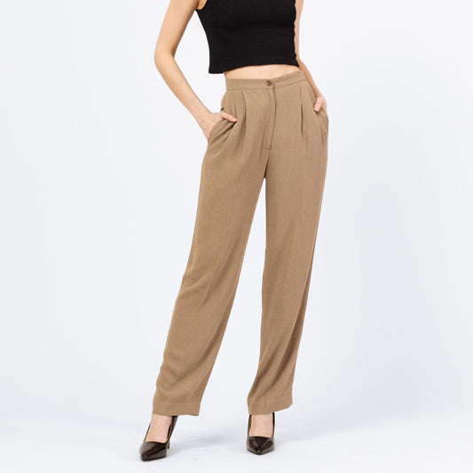 Vintage 90s Emanual Ungaro Minimalist Tan Trousers - Size 4, 26" Waist | High Waisted Pleated Pants, Tapered Leg Relaxed Fit Slacks