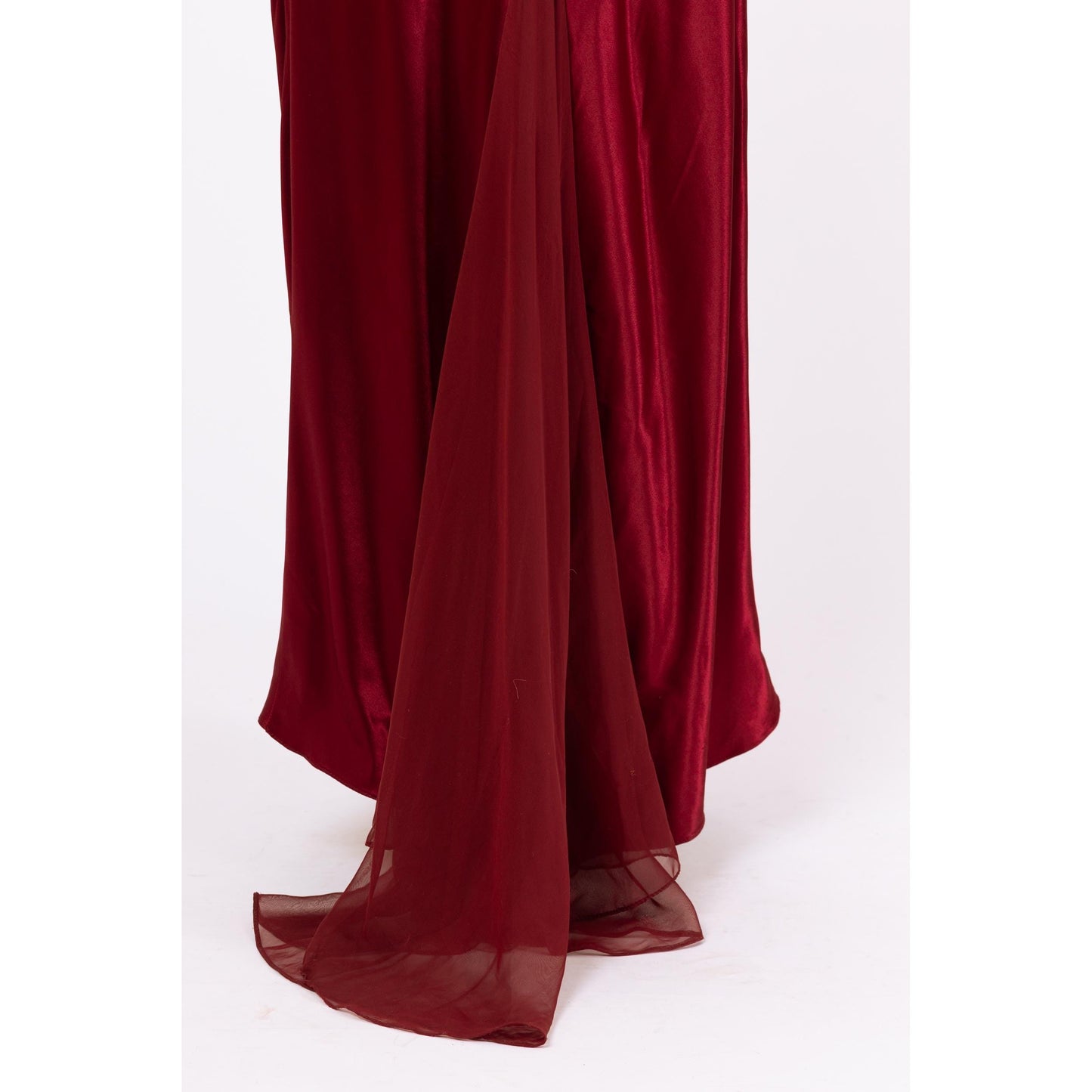 Vintage 90s Burgundy Satin Low Back Evening Gown - XS to Small | Zum Zum By Niki Livas Sleeveless Bias Cut Chiffon Train Formal Maxi Dress