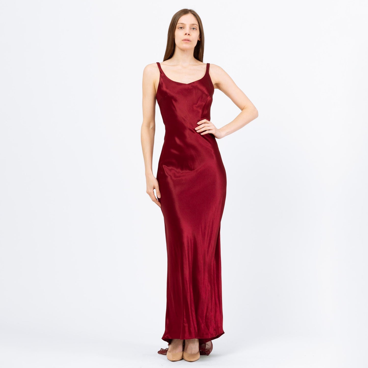 Vintage 90s Burgundy Satin Low Back Evening Gown - XS to Small | Zum Zum By Niki Livas Sleeveless Bias Cut Chiffon Train Formal Maxi Dress