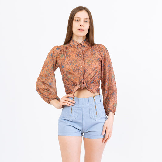 Vintage 70s Boho Copper Floral Balloon Sleeve Blouse - Small | Retro Sheer Top, Hippie Chic Button Up, Bohemian Peasant Shirt