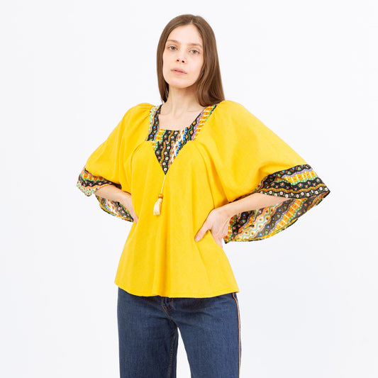 Vintage 70s Boho Yellow Bell Sleeve Hippie Blouse - Medium | Bohemian Floral Trim 3/4 Sleeve Tent Top, Festival Clothing