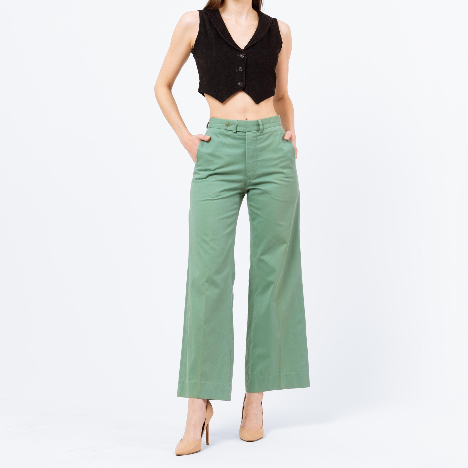 Sm-Med 70s Pierre Cardin Mint Green Unisex Flared Pants | Vintage Mid High Rise Retro Wide Leg Trousers