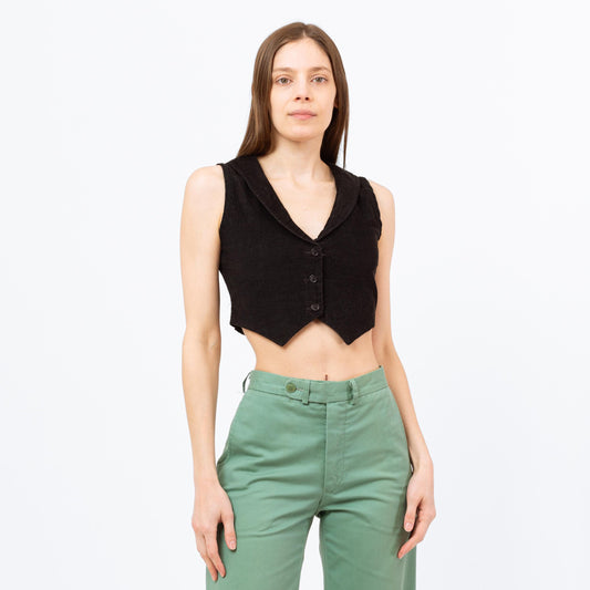 XS-Sm 70s Black Corduroy Crop Top Vest | Vintage Button Up Collared Cropped Sleeveless Shirt