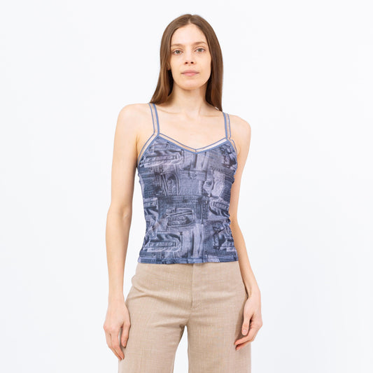 Small Y2K Blue Jean Pocket All Over Print Mesh Top | Vintage Sleeveless Denim Graphic Fitted Camisole Tank