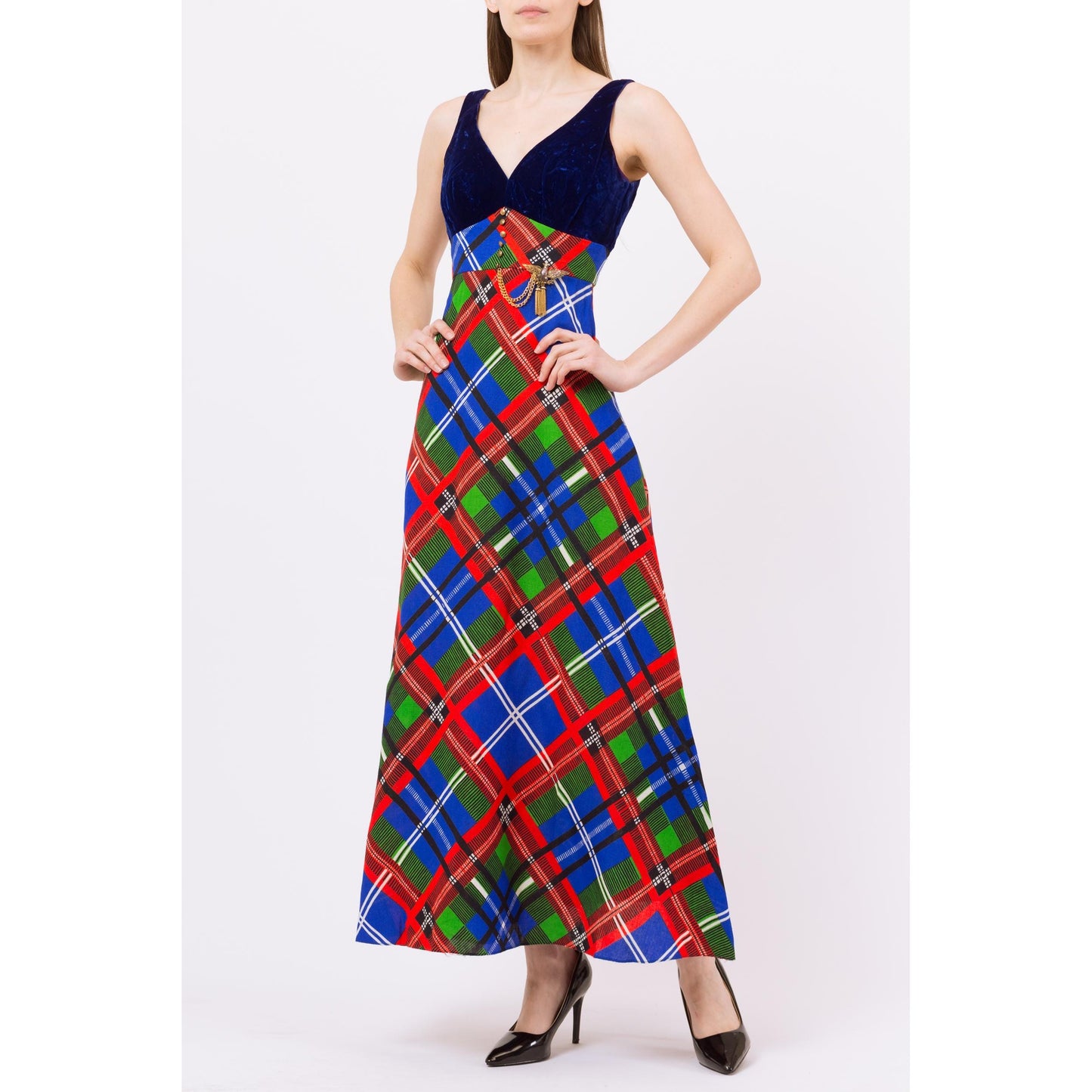 XS 70s Jewel Tone Velvet & Plaid Maxi Dress | Vintage Blue Green Red Sleeveless Retro Hostess Party Dress