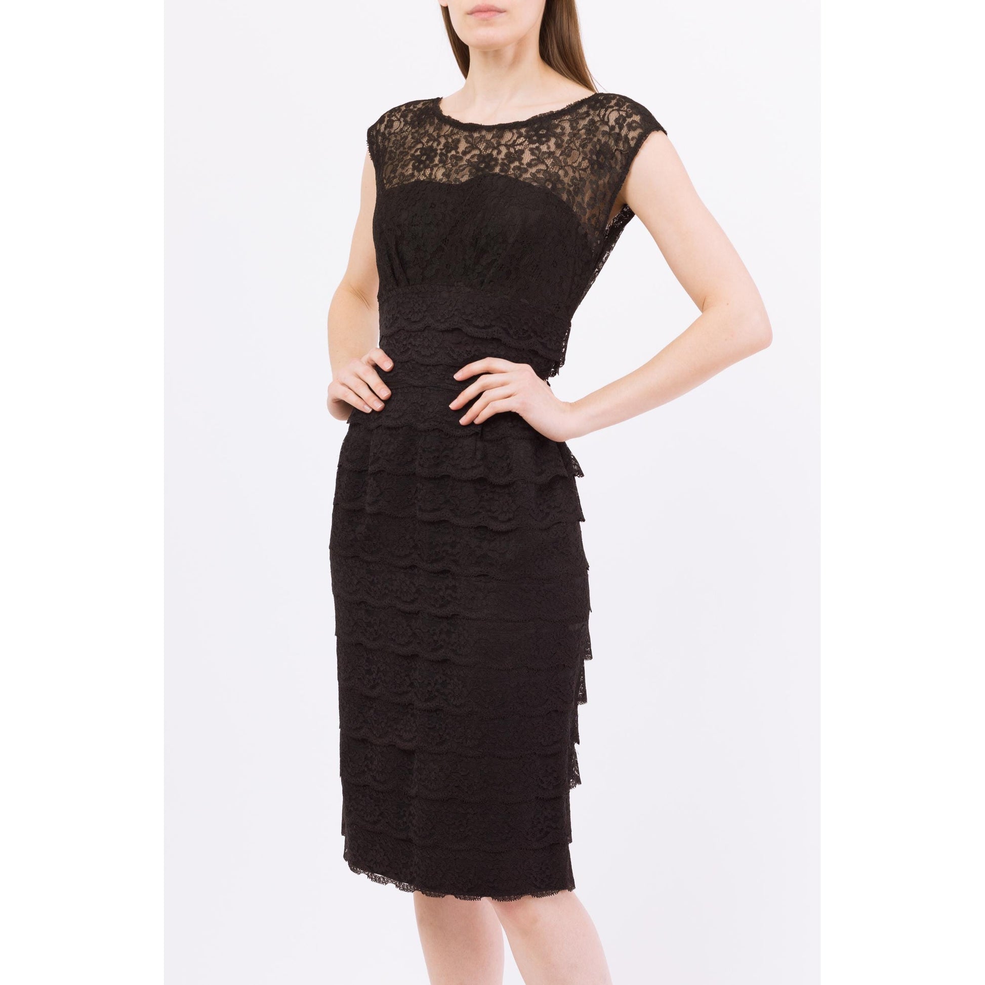 Medium 60s Black Lace Strapless Illusion Wiggle Dress | Vintage Sleeveless Sheath Midi Party Dress