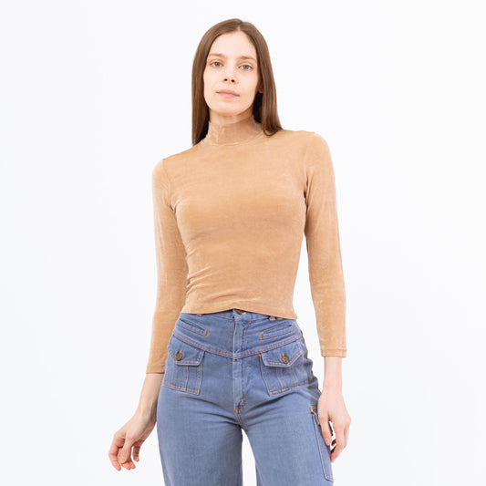 XS-Sm 90s Minimalist Nude Long Sleeve Mockneck Crop Top | Vintage Slinky Stretchy Base Layer Cropped Shirt