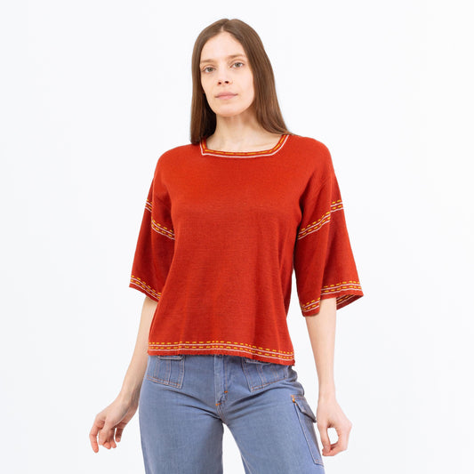 Medium 70s Burnt Orange Bell Sleeve Sweater Top | Vintage Square Neck Retro Knit 3/4 Sleeve Hippie Shirt