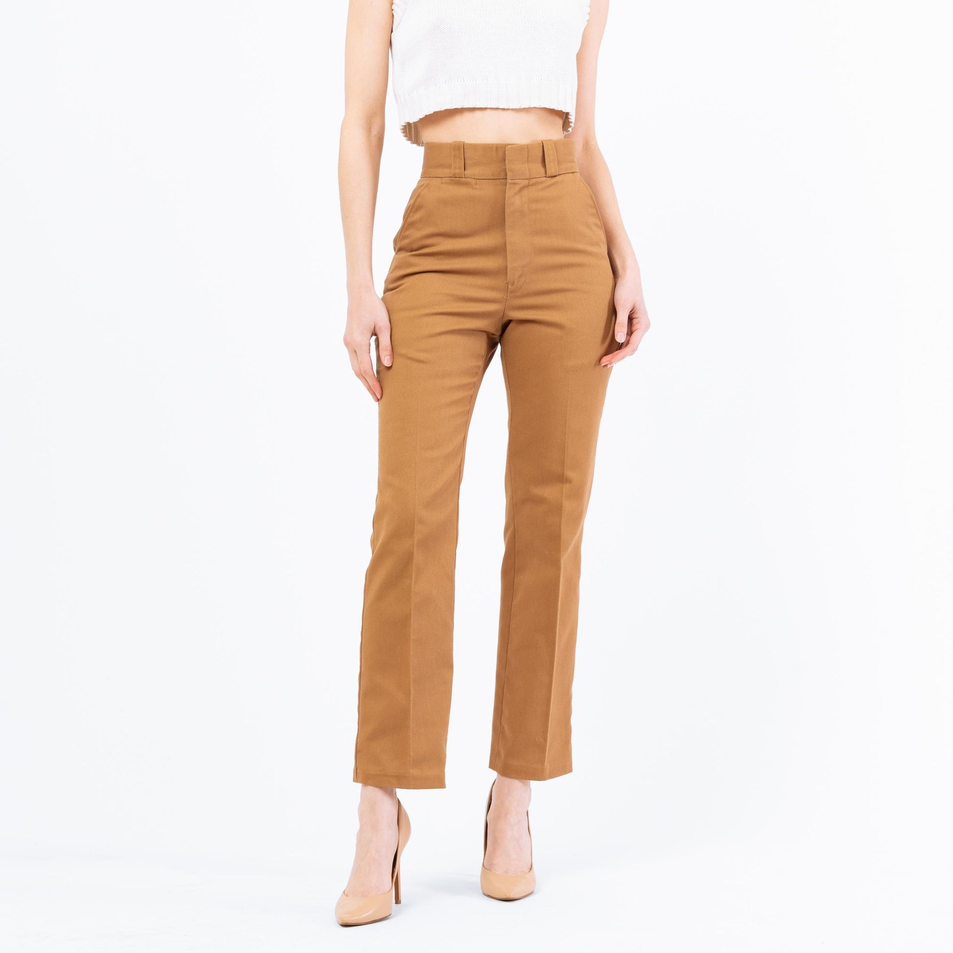 XS 70s Tan High Waisted Slim Leg Pants 25" | Retro Vintage US Fish & Wildlife Service Tapered Leg Trousers