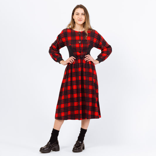 Vintage 80s Red & Black Plaid Cotton Flannel Midi Dress – XXS | Fit Flare Shirtdress, Long Sleeve Retro Dress