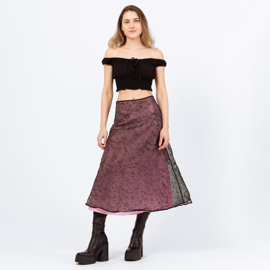 Vintage Y2K Black & Pink Organza Midi Skirt - Petite XS | Flocked Floral Goth Grunge Skirt, Girly Punk Fairycore Aesthetic