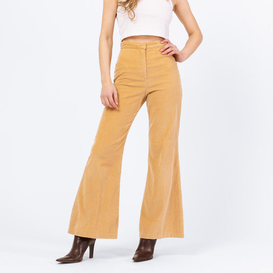 Vintage 70s Tan Corduroy Flare Pants - Petite XS, 24” Waist | High Waisted Bell Bottoms, Boho Retro Flared Leg Trousers