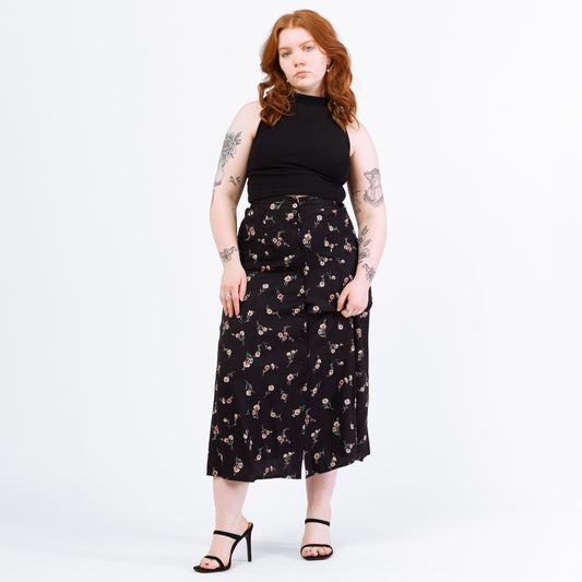 Vintage 90s Black Floral Maxi Skirt - Medium, 28"-32" | High Waisted Boho Grunge Button Up Skirt