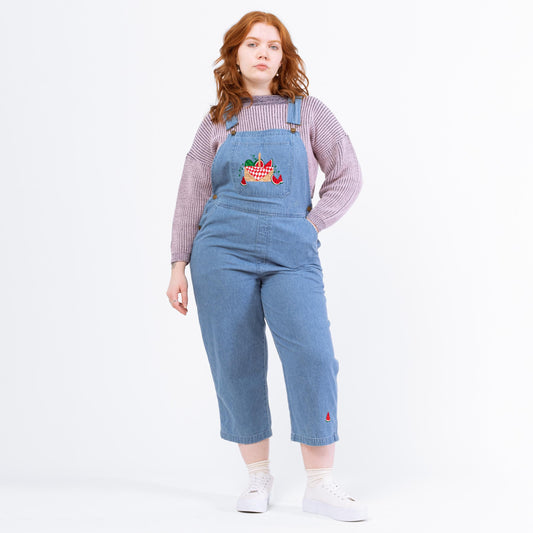 Vintage 90s Watermelon Embroidered Denim Overalls - Petite Medium | Vintage Novelty Print Light Wash Chambray Blue Jean Overall Pants