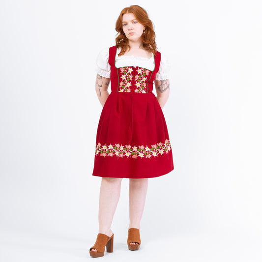 Vintage 70s Wine Red Floral Dirndl Midi Dress - Large | Vintage Octoberfest Embroidered Sleeveless Folk Trachten Dress