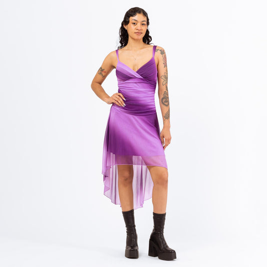 Vintage Y2K Purple Sparkle Gradient High-Low Hem Party Dress - XS to Small | Metallic Slinky Ruched Midi Sleeveless Cocktail Prom Dress