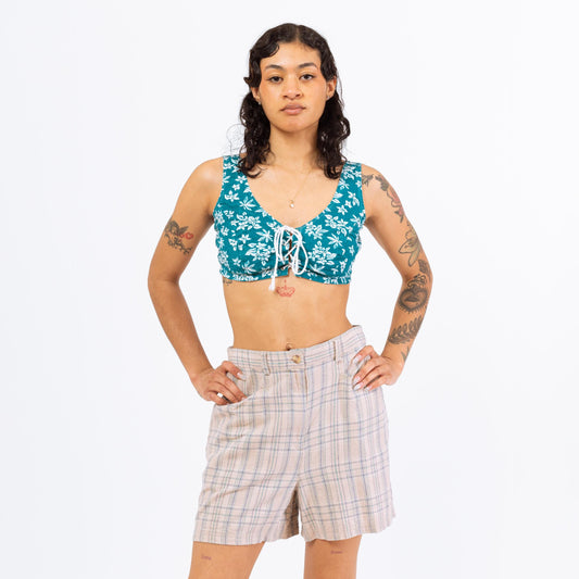 Vintage 90s Teal Floral Corset Crop Top - Small to Medium | Boho Sleeveless Tie Front Mini Bralette