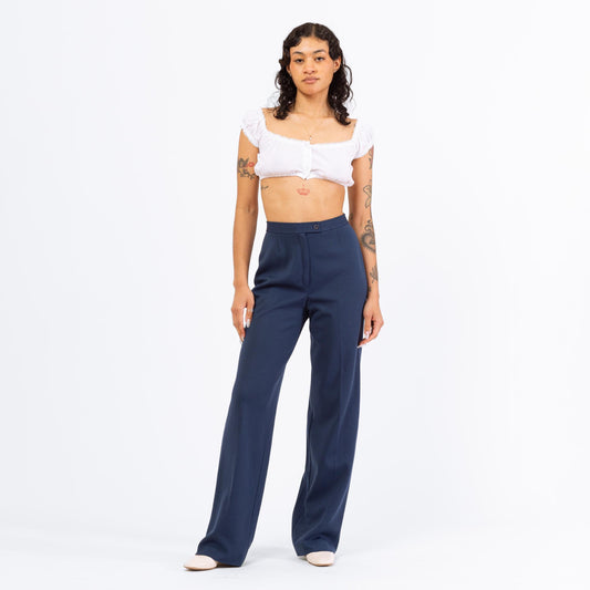 Vintage 70s Slate Blue High Waisted Trousers - Small to Medium, 26"-28" Waist | Retro Straight Leg Long Inseam Pants