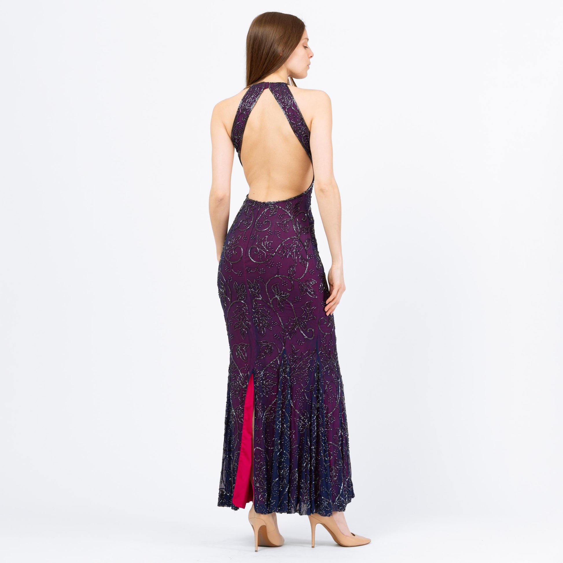 Vintage 90s Cache Purple Silk Beaded Backless Evening Gown - Extra Small | Sexy Keyhole Back Slinky Formal Maxi Prom Party Dress