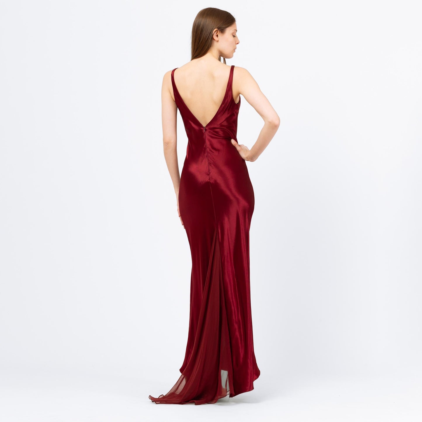 Vintage 90s Burgundy Satin Low Back Evening Gown - XS to Small | Zum Zum By Niki Livas Sleeveless Bias Cut Chiffon Train Formal Maxi Dress