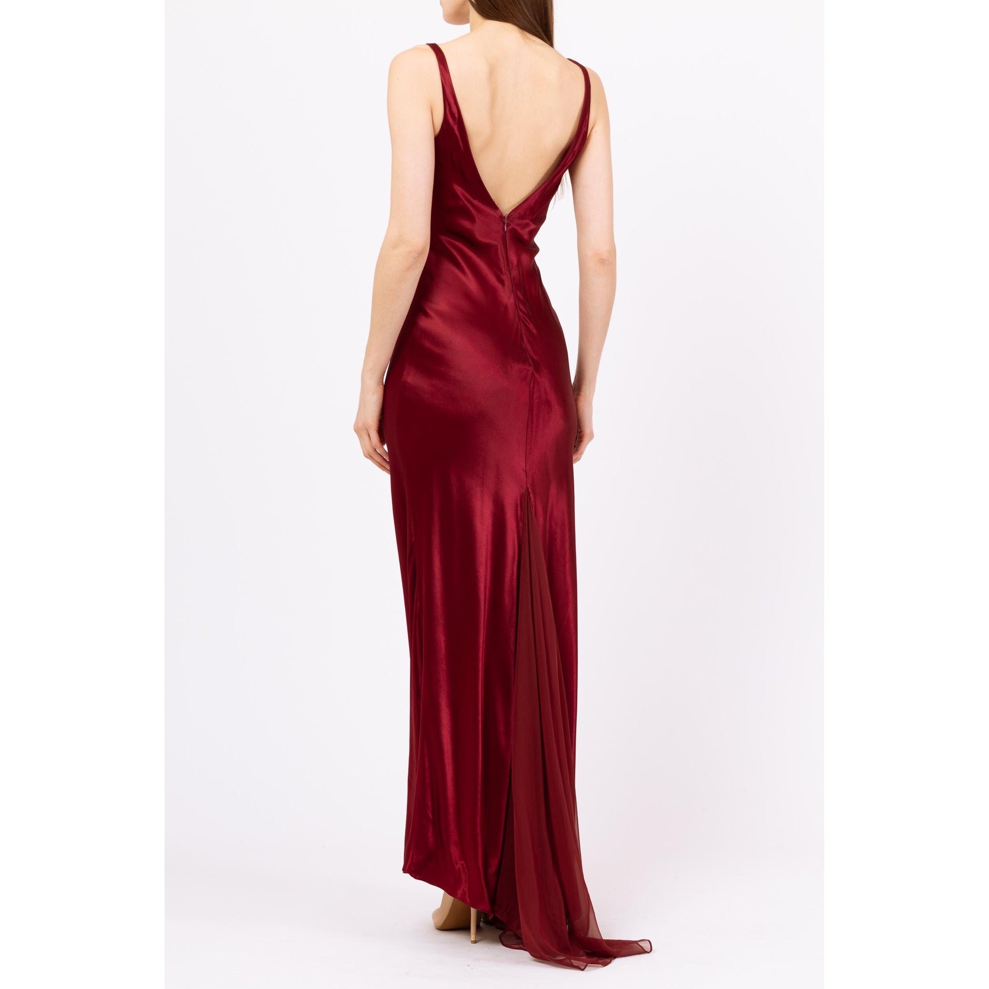 Vintage 90s Burgundy Satin Low Back Evening Gown - XS to Small | Zum Zum By Niki Livas Sleeveless Bias Cut Chiffon Train Formal Maxi Dress