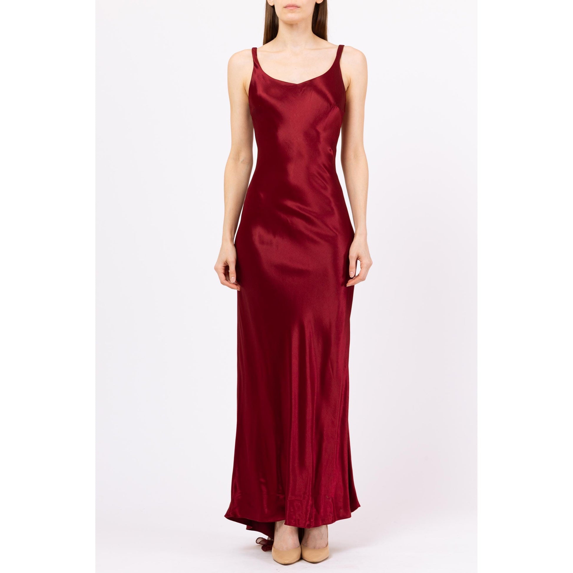 Vintage 90s Burgundy Satin Low Back Evening Gown - XS to Small | Zum Zum By Niki Livas Sleeveless Bias Cut Chiffon Train Formal Maxi Dress