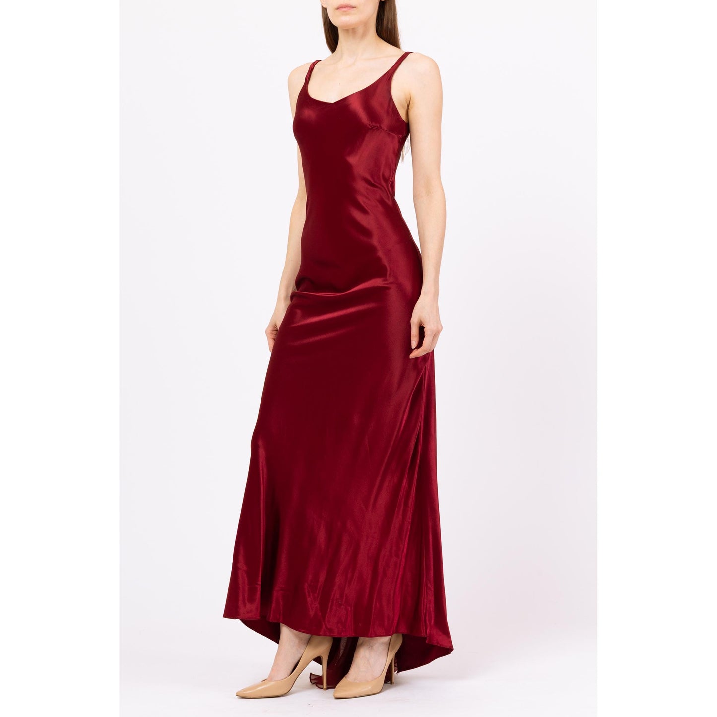 Vintage 90s Burgundy Satin Low Back Evening Gown - XS to Small | Zum Zum By Niki Livas Sleeveless Bias Cut Chiffon Train Formal Maxi Dress