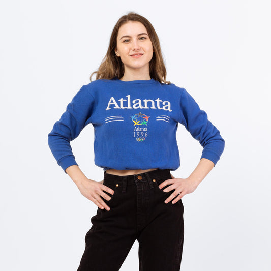 Vintage 1996 Atlanta Olympics Cropped Sweatshirt - Petite XS | 90s Blue Crewneck Athletic Crop Top Pullover