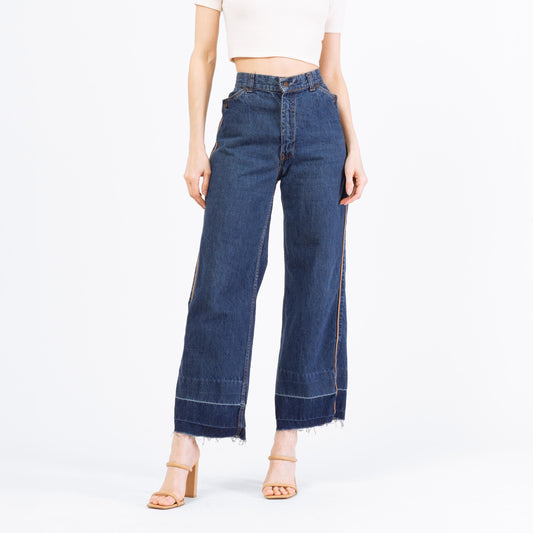 Vintage 70s Levis High Waisted Straight Leg Button Pocket Jeans - Small to Medium, 28" Waist | Boho Levi’s Piped Trim Dark Wash Denim