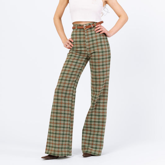 Vintage 70s Green Plaid Knit Flare Pants - XXS, 23" Waist | High Waisted Wide Leg Flared Retro Trousers