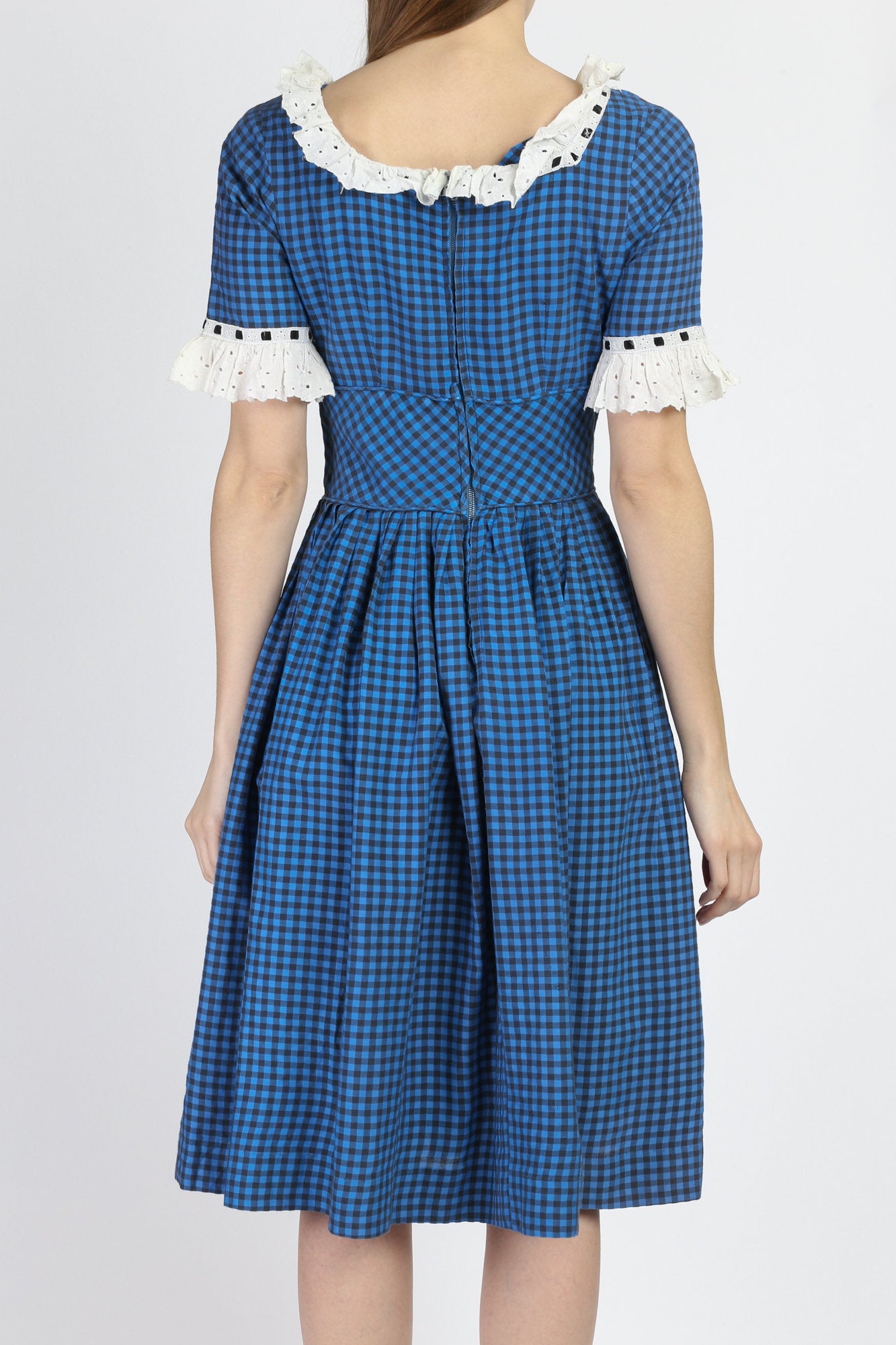 1950s Blue Gingham Checkered Day Dress - XS to Small