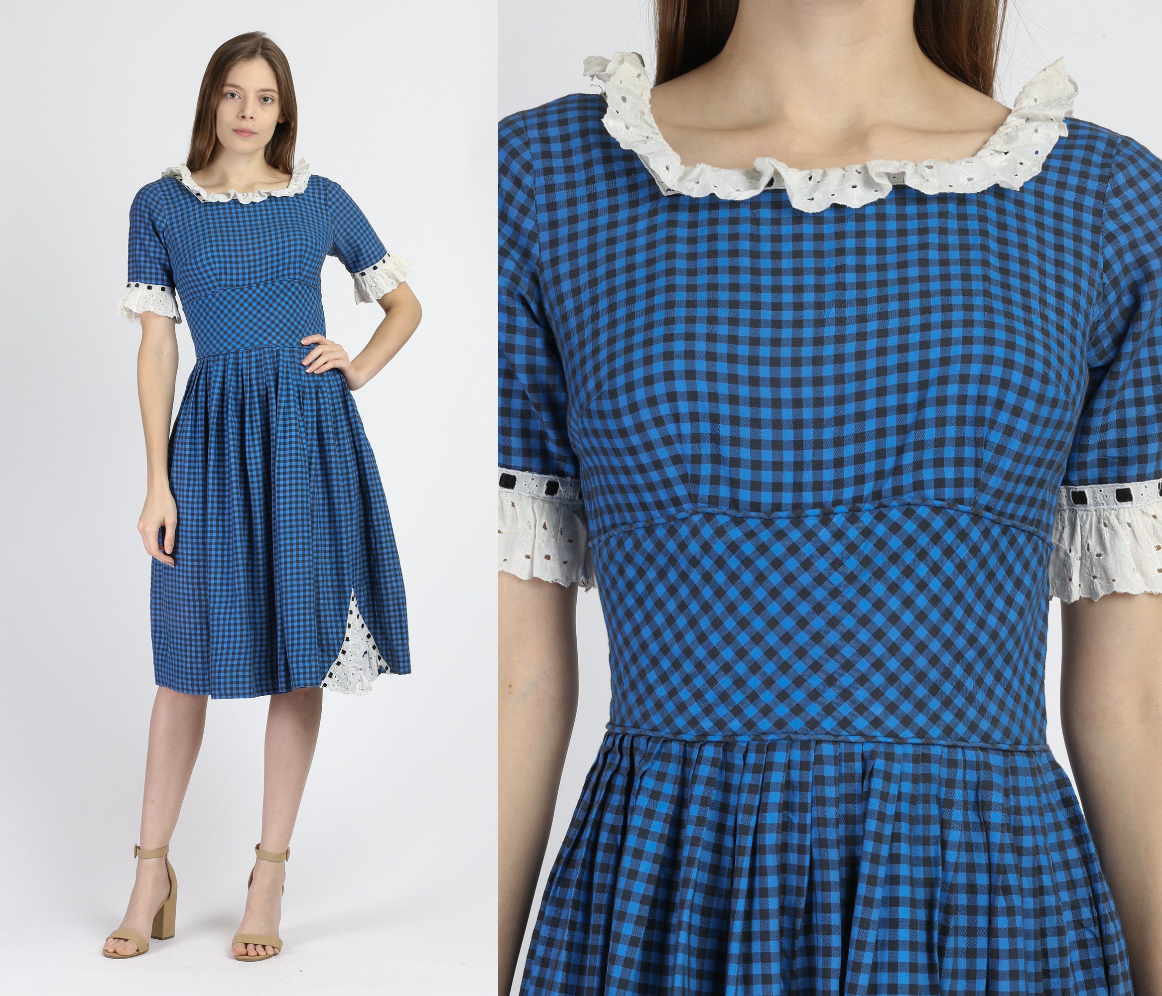 1950s Blue Gingham Checkered Day Dress - XS to Small