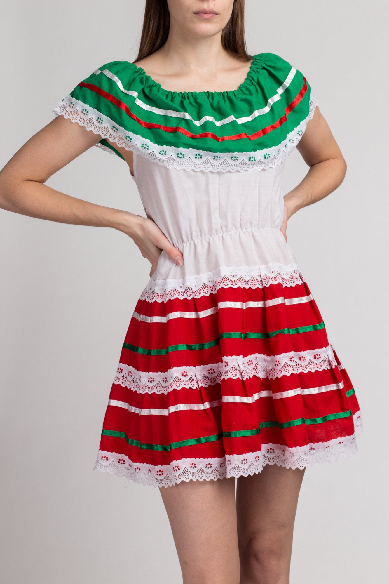 Vintage Mexican Off Shoulder Peasant Mini Dress Extra Small