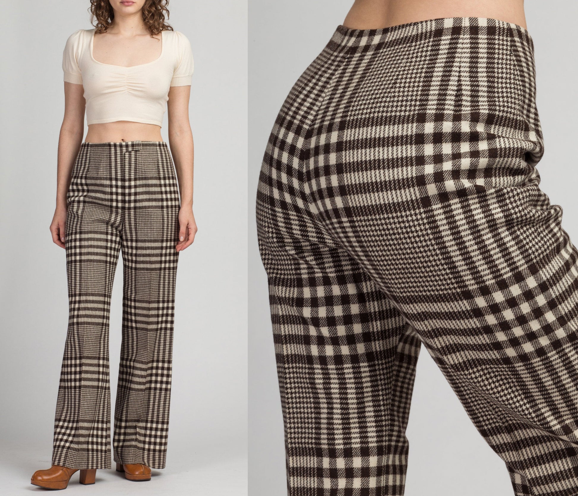 Buy Women Brown & Off-White Checkered Crop Top & Flared Pants Co