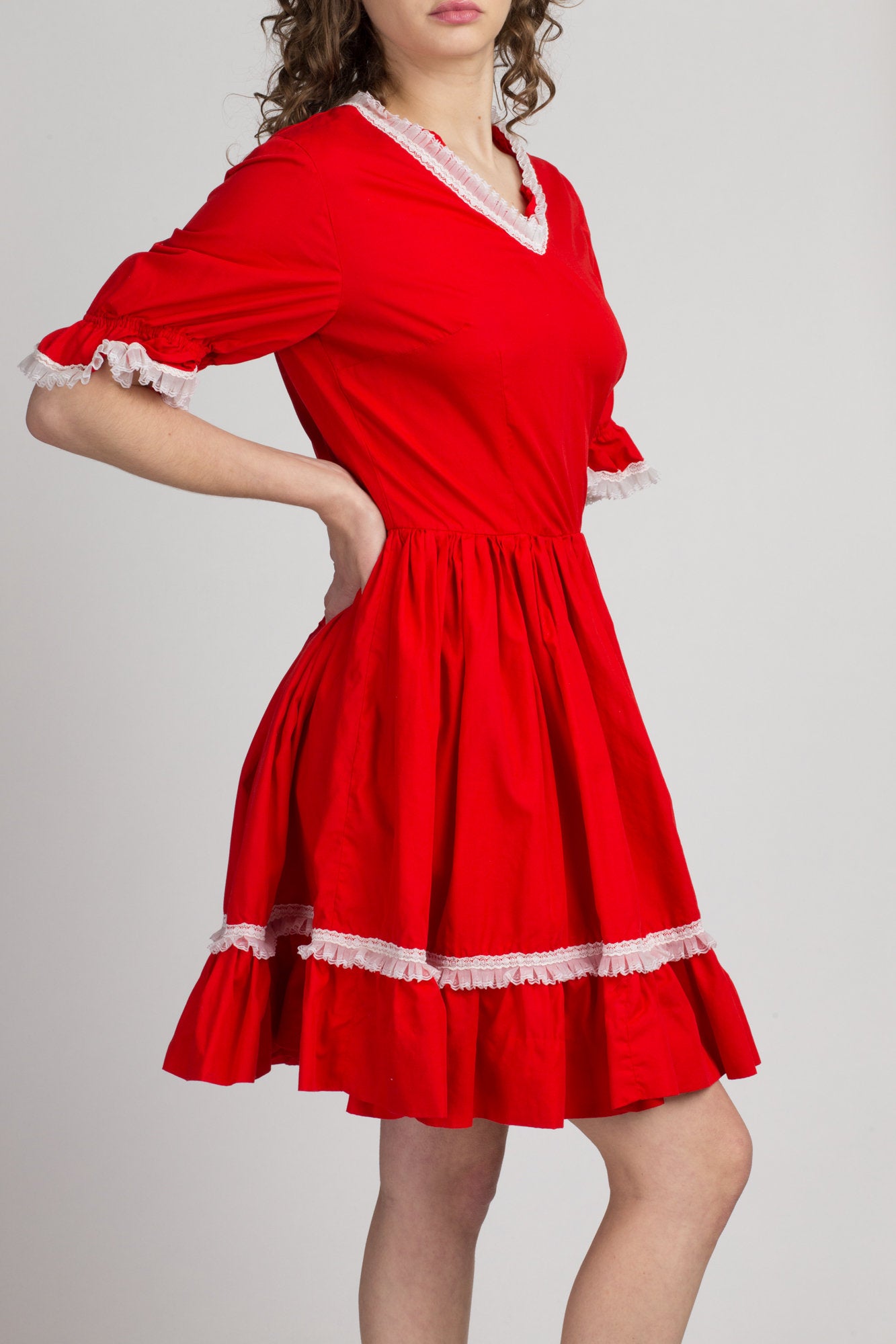 Vintage 70s Red White Polka Dot Cotton Dress. Rockabilly 