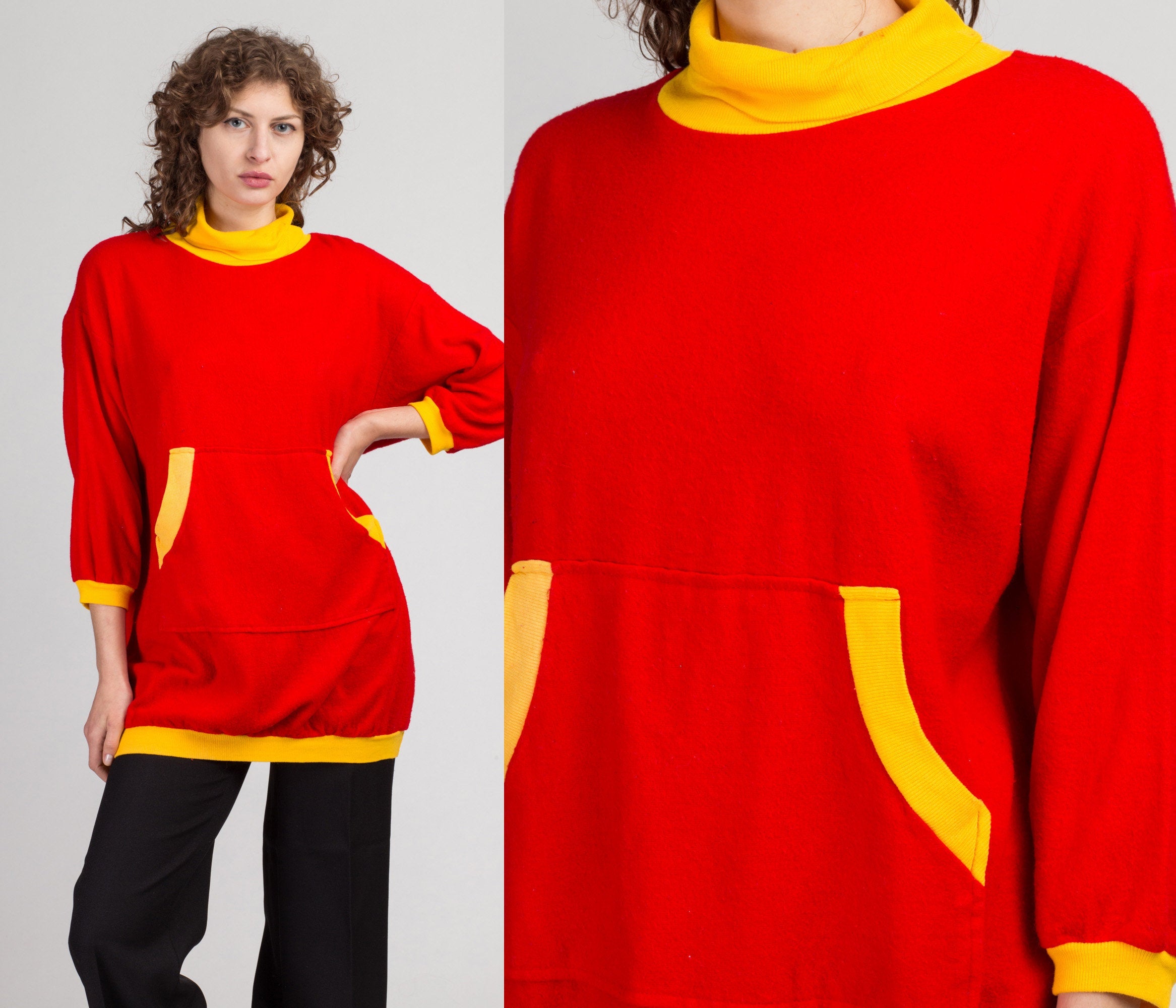 80s Long Red & Yellow Turtleneck Sweatshirt - Large – Flying Apple